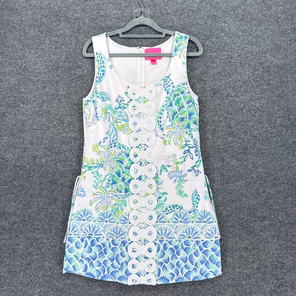 Lilly Pulitzer Mila Shift Dress Women Four White Blue Turtle Soutache Preppy
